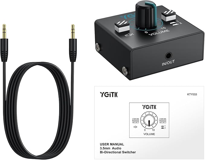 YGiTK 3.5mm Audio Switcher with Volume Control, 1 in 2 Out & 2 in 1 Out Bi-Directional Switcher, Mute Function,Easy Change Stereo Audio Switch Splitter 2 Ports Aux Selector for PC TV Phone Headphone