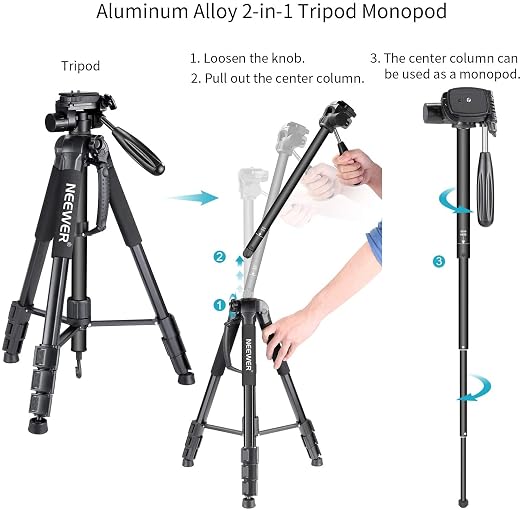 NEEWER Portable Aluminum Alloy Camera 2 in 1 Tripod Monopod Max. 70"/177cm - Image 2