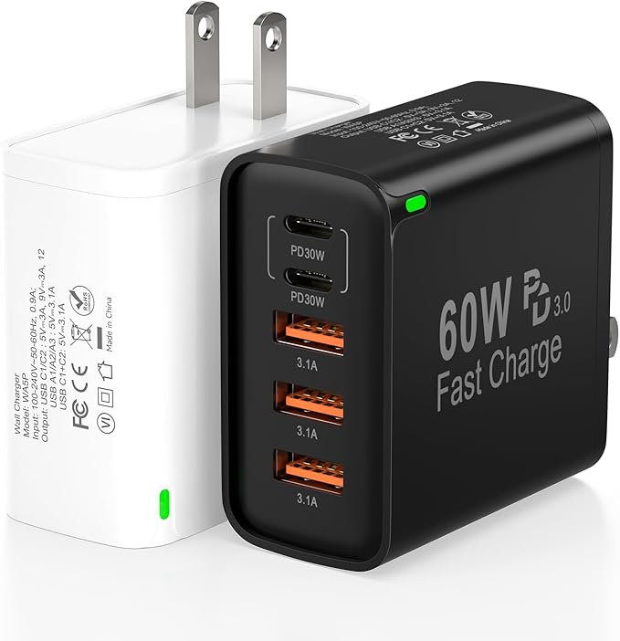 2Pack USB C Fast Charger Block, Total 60W 5-Port USB C Wall Charger 30W Type C Charging Block, 2USB C+3USB A PD 3.0 Multiport Charging Cube for iPhone 17 16 15 14 Pro Max, G-alaxy S25 S24 Ultra, i Pad