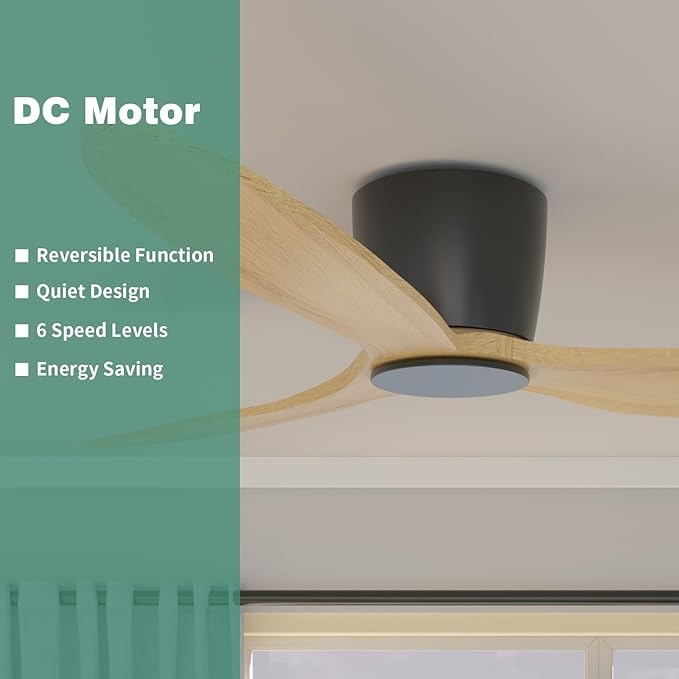 OUATER Flush Mount Ceiling Fan no light with Remote, 52 inch Low Profile Wood Ceiling Fan without light for Outdoor, Bedroom, Natural Wood and matte Black, DC Motor, 6 Speed