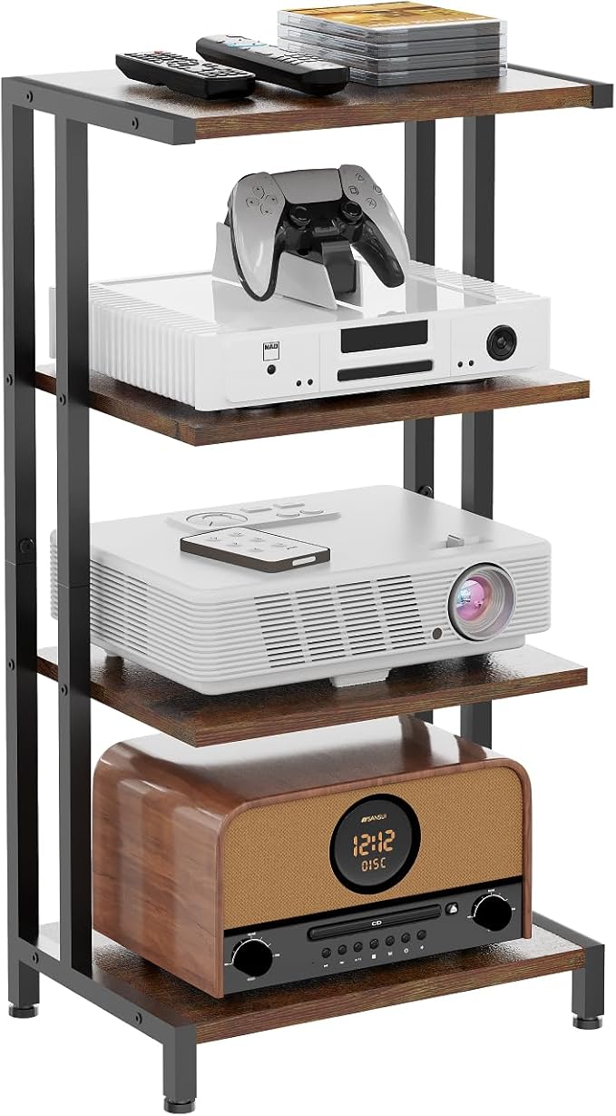 X-cosrack 16.5" Small 4-Tier AV Media Stand,Narrow Version Wooden Corner Shelves Stereo Cabinet Audio Rack Stand Tower Perfect for Small DVD Players Game Console TV Box Cable Box WiFi Router