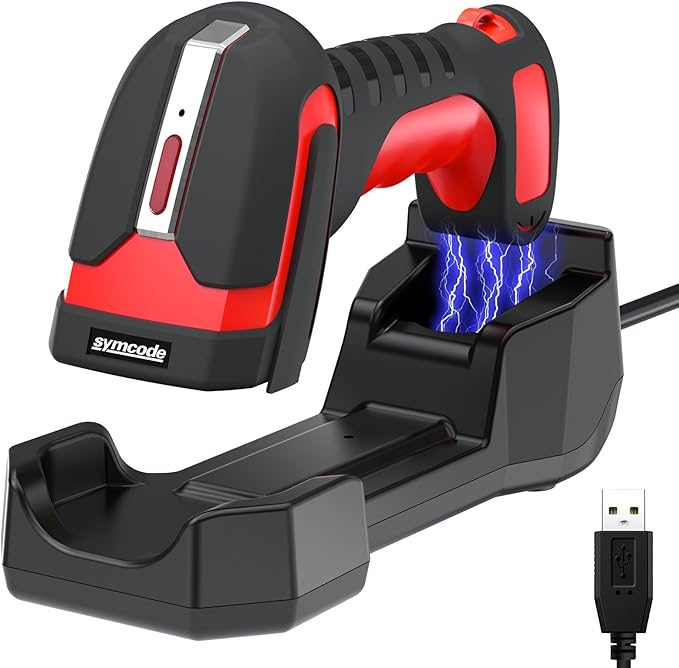 Symcode 2D QR Industrial Barcode Scanner with Wireless Charging Stand, Rugged Heavy Duty 2000 Feet Transmission Distance 433Mhz 2-in-1 Bluetooth & Wireless Hands-Free Barcode Reader for Laptop Tablet