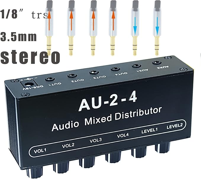 1/8" aux Input Mixing 2 in 4 Channel Way Out Headset Box Headphone Amplifier 3.5mm Mixer 1/8 inch Stereo Audio Amp with Ultra-Compact Portable mini Jack 3.5 Splitter hup for Studio and Stage