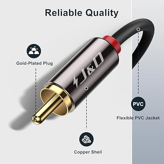 J&D 2 RCA M/M Stereo Audio Cable, Gold-Plated 2RCA Male to 2RCA Male Copper Shell Auxiliary Audio Cord for Home Theater HDTV Amplifiers Hi-Fi Systems Speakers, RCA Audio Cables, 4 Feet