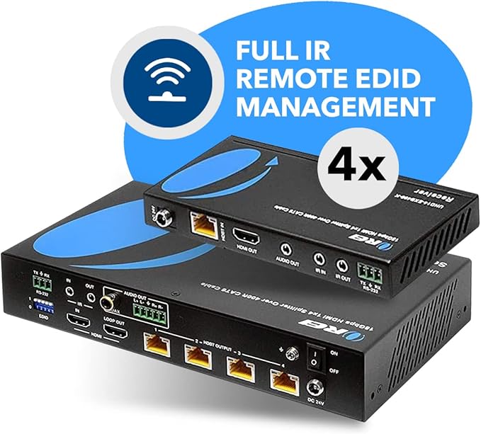 OREI 1x4 HDMI Extender Splitter Over Single CAT6/7 Cable 4K@60Hz with HDBaseT, HDR, HDCP 2.2 with IR Remote EDID Management - Loop Out - Up to 400 Ft - Low Latency
