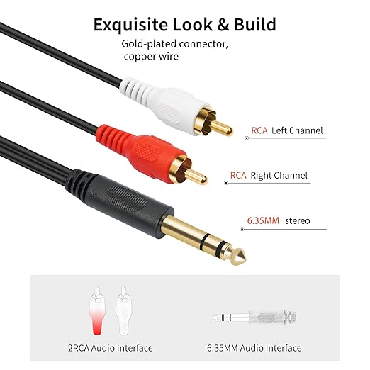 SiYear Gold-Plated 6.35mm 1/4 inch Male TRS Stereo Plug to 2 RCA Phono Male Audio Y Splitter Cable,Connector Wire Cord Plug (1.5M)