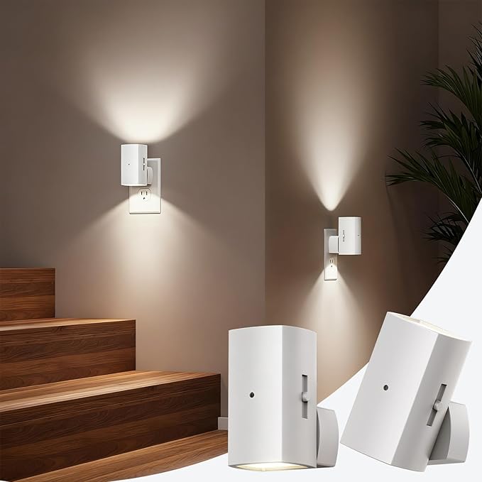 Brightown 2 Pack White Night Lights Plug into Wall, Modern Night Light with Rotating Plug, Dusk to Dawn Sensor, 0-100LM Stepless Dimming Aora Night Light for Hallway Bedroom Bathroom, Pure White