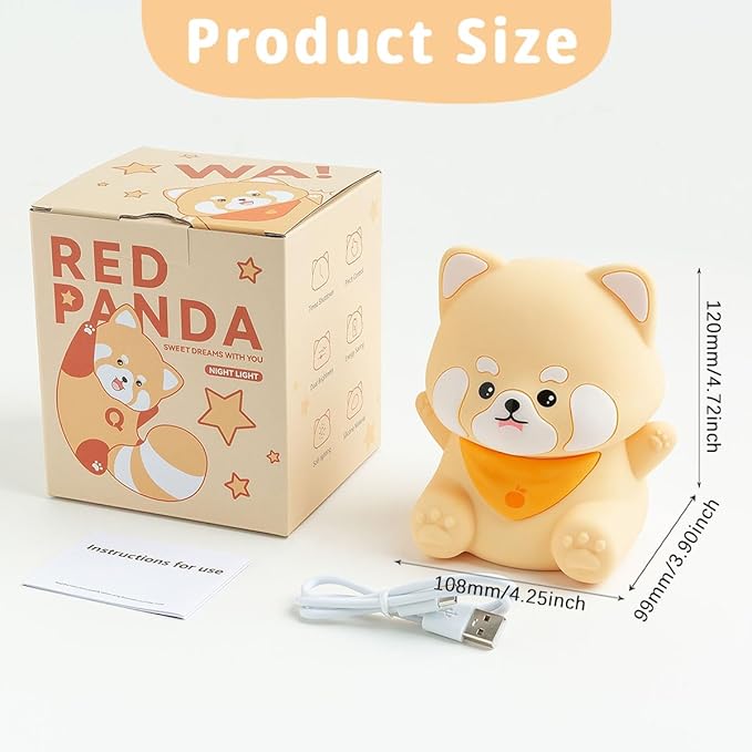 Rytinazzz Red Panda Night Light, 50-Hour Battery & Pat Control, Squishy Silicone Lamp for Kids Nursery, USB Rechargeable with Timer, Valentines Gifts