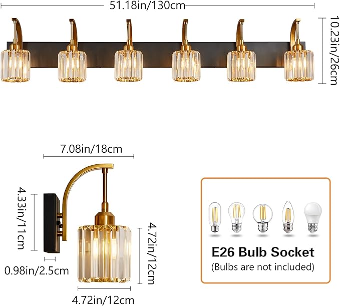 FDPBY 6-Light Crystal Vanity Light, Black Gold Modern Wall Sconce with K9 Crystal Shades, 51.18" Long Over Mirror Lighting for Bathroom, Makeup, Hallway, Elegant & Easy Install