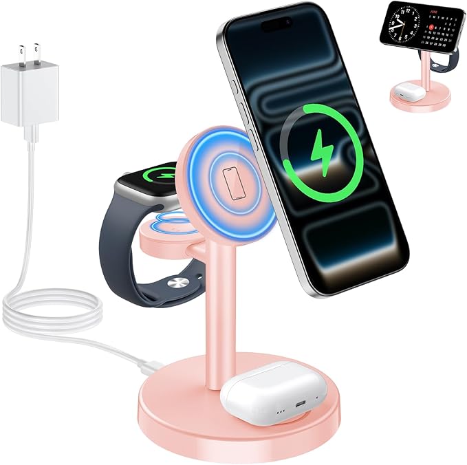 Aeinidi 2026 3 in 1 Wireless Charging Station Compatible with MagSafe, 15W Fast Magnetic Mag-Safe Charger Stand for Apple iPhone 17 16 15 14 13 12 iWatch AirPods Pro 4 3 2, Pink