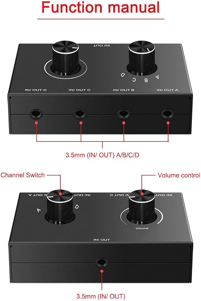 4 Port Audio Switch, 3.5mm Stereo AUX Selector, 4 Input 1 Output / 1 Input 4 Output Splitter, Switcher Box With 4 Channel Switch Knob, No External Power Required
