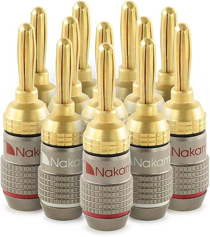 Nakamichi FanLock Excel Series 24k Gold Plated Banana Plugs 10 AWG - 18 AWG Gauge Size 4mm for Speakers Amplifier Hi-Fi Stereo Home Theatre Radio Audio Wire Cable Quick Connector, 12 Pcs (6-Pairs)