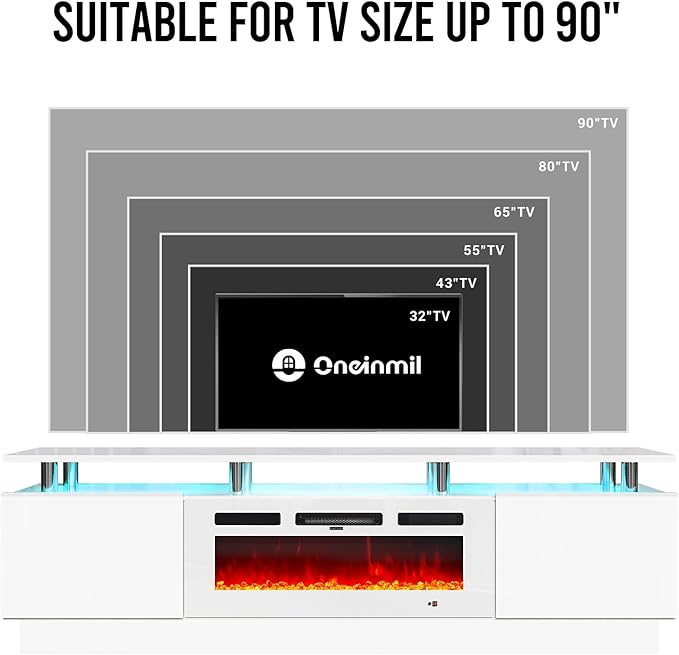 oneinmil 80" Modern Electric Fireplace TV Stand for TVs Up to 90 inch, with Electronic Flame and LED Lights, Luxury High Gloss Finish Entertainment Center, TV Console Cabinet for Living Room, White