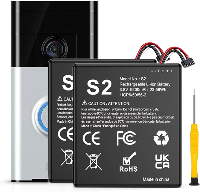 Replacement Battery for S2, 6200mAh Ultra High Capacity Li-ion Battery for Ring by KOOAQQ