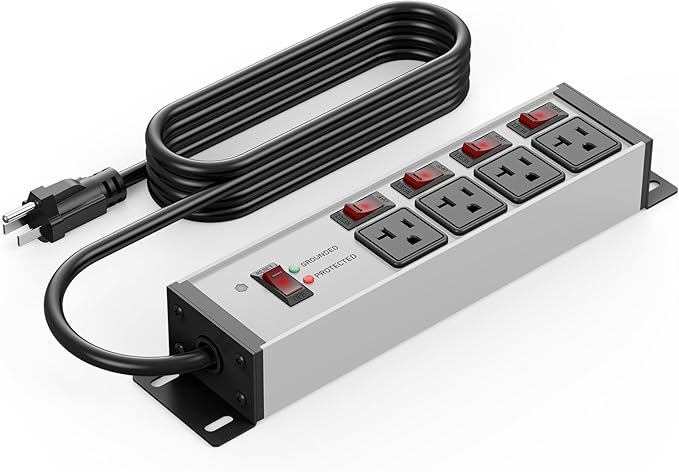 CCCEI Heavy Duty Surge Protector Power Strip 20 Amp Individual Switches. 10FT 12 Gauge Extension Cord with Multiple Outlets. Kitchen, Garage, Shop, Industrial Wall Mount Electric Extender, Grey.