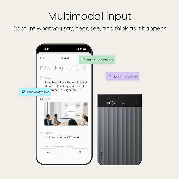 Plaud Note Pro AI Voice Recorder, Transcribe & Summarize with AI, App Control, Note Taker for Meetings & Calls, Supports 112 Languages, Ultra-Slim w/InstantView Display, Case Included, Black