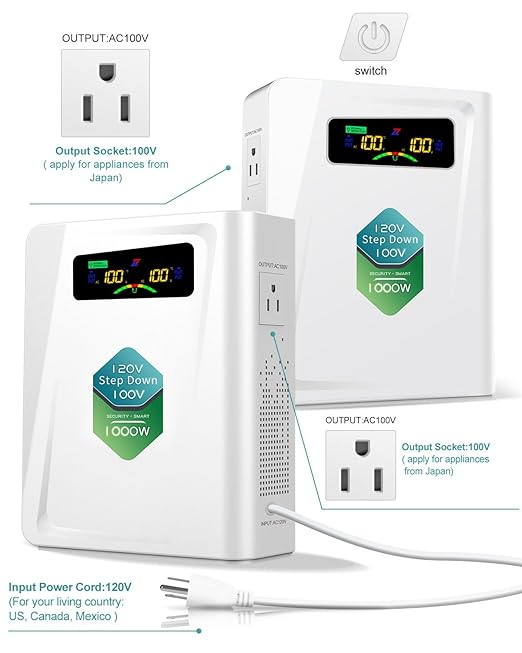 ZHENGXI 120v to 100v Step Down Transformer 1000W Power Voltage Converters, No Noise, Ten Protection Functions,Using Japan Appliances in US