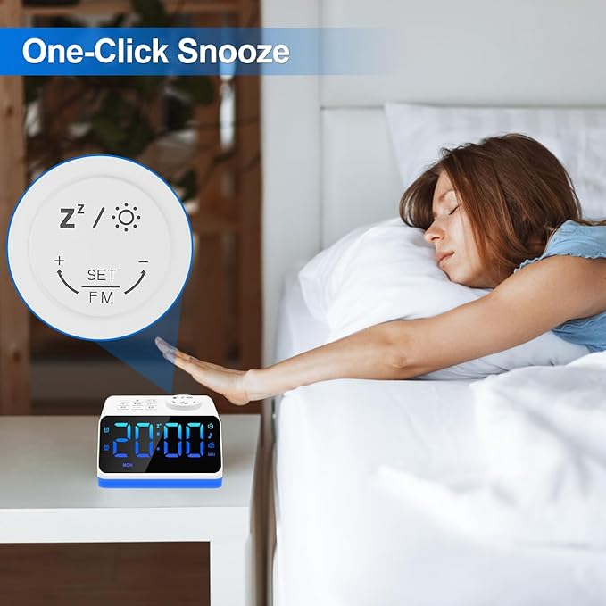 JALL Digital Alarm Clock with FM Radio for Bedroom, 8 Colors Night Light with 2 Charging Port, Sleep Sound Machines with Timer, Dual Alarm, Loud Alarm and Easy to Use for Seniors and Kids as Gift