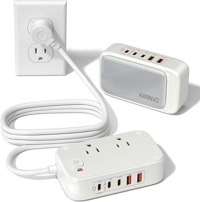 KWRNVO 5FT Portable USB C Power Strip Surge Protector PD 20W Flat Wall Plug Charger Multipl Outlets with 2500W AC Outlets, 3 USB-C Ports, 2 USB-A Ports for Home/Office/Travel