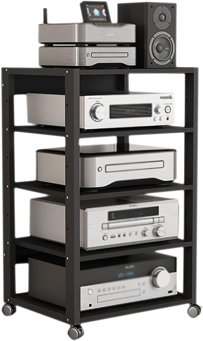 Dernoing 5 Tier Audio Rack Tower, CD Record Player Stereo Receiver AV Equipment Cabinet Display Rack, Weight Capacity 661 lbs, with Adjustable Wooden Shelves for Home (5 Tier Black)