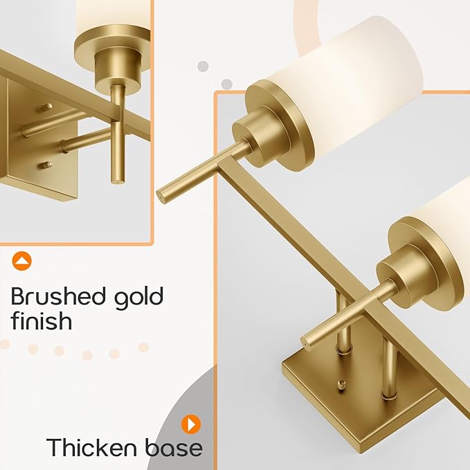 AONEON Bathrom Light Fixtures Modern Gold 3 Vanity Lights Over Mirror, Wall Lamps with White Frosted Glass Shade for Toilet Washroom Bath T001GD-L3