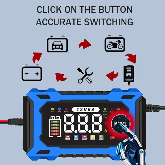 6-Amp 12V Smart Car Battery Charger, Battery Maintainer Trickle Charger with Desulfator, Pulse Repair & Overcharge Protection - for Car Lawn Mower Marine Lead-Acid Batteries (Blue)