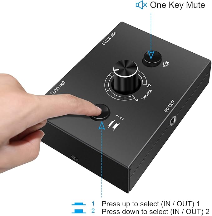 3.5mm Audio Switcher - 2 Input 1 Output / 1 Input 2 Output Audio Splitter, One-Key Mute Button, No External Power Required