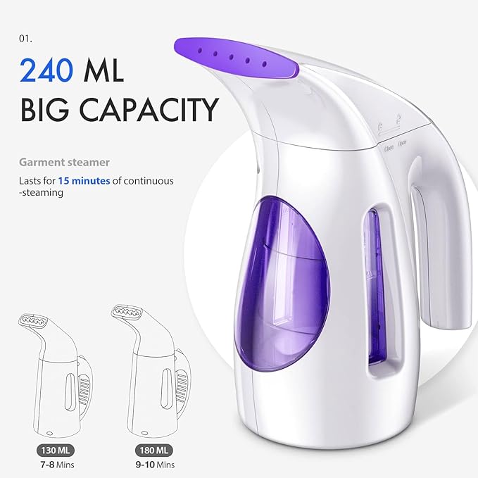HiLIFE Steamer for Clothes, Portable Handheld Design, 240ml Big Capacity, 700W, Strong Penetrating Steam, Removes Wrinkle, for Home, Office(ONLY FOR 120V) Purple