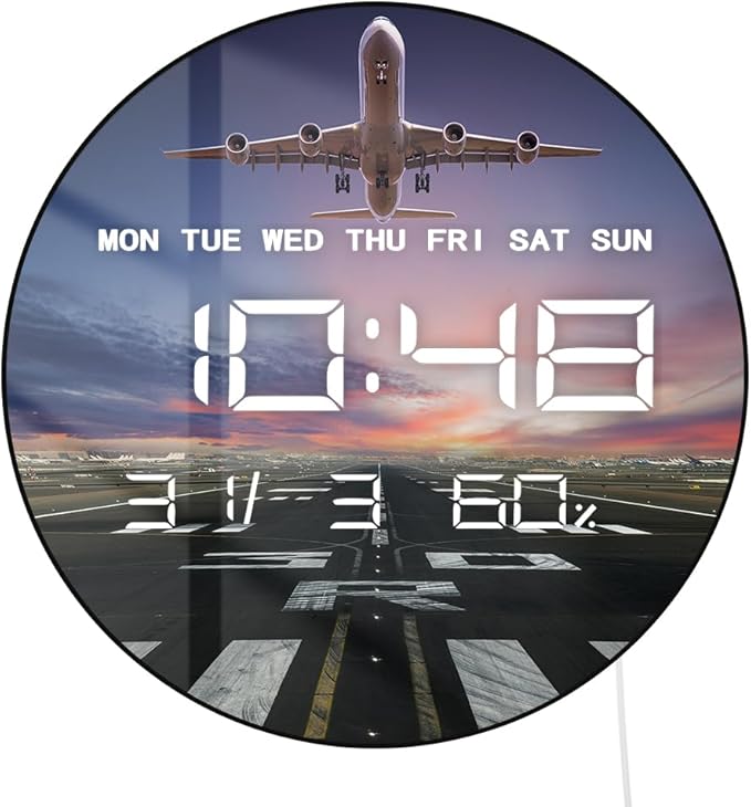 Timethink 12'' Airplane Digital Wall Clock Large Display, Aviation Electric Wall Clock Smart Dimming, Temperature, Humidity, 12/24hr, Date, USB Powered for Office Bedroom Pilot Aviator Retirement Gift