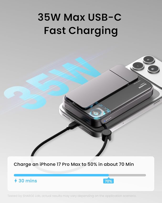sharge ICEMAG 3 MagSafe Portable Charger, Qi2 25W Magnetic Power Bank 10000mAh with 35W Built-in Cable, Active Cooling& Foldable Stand, Transparent Design for iPhone 17/16 Series-White