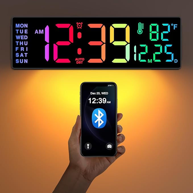 Soobest 14.2" Large Digital Wall Clock with Bluetooth Auto Sync Time Date Day, LED Big Display, 12 Colors, Count Down Timer＆Temperature for Classroom, Living Room, Gym Home