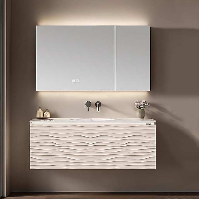 32IN Bathroom Vanity - Smart Defogging Mirror Cabinet | Waterproofing Technology & Wave Shaped Door Panel, Floating Bathroom Vanities with Large Storage Space (Mirror Cabinet)