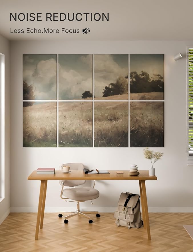 Wall Art Acoustic Panels,70''×47''Sound Absorbing Panels-8-Pack with 60 Adhesive Tabs, Panels for Living Room and Recording Studio, Offices-Grain field, landscape study