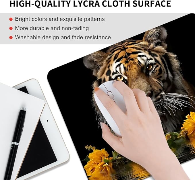Tigers and Yellow Flowers Square Mouse pad, Texture, Waterproof, Anti Slip Rubber Base, Computer Mouse pad, Laptop Mouse pad