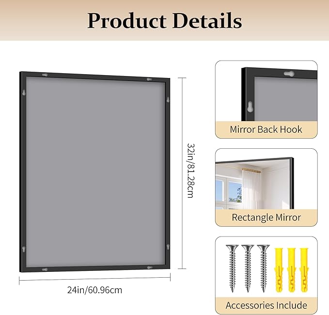 Black Bathroom Mirror for Wall, 24x32 Inch Rectangle Mirror with Metal Frame, Modern Vanity Mirrors for Bathroom Living Room, Entryway Hangs Horizontal or Vertical