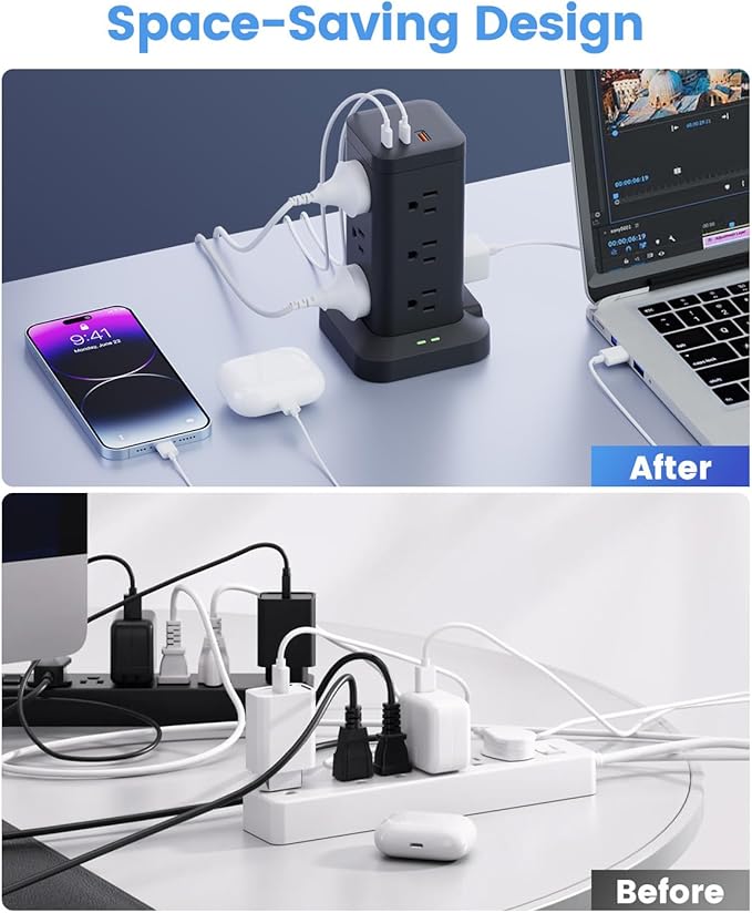 Tagzilo 15-in-1 Power Strip Tower with Surge Protector 1800J, Fast Charging Tower PD20W USB-C Ports with 12 AC Outlets, 9.8ft Extension Cord for Home Office Dorm Room, Black