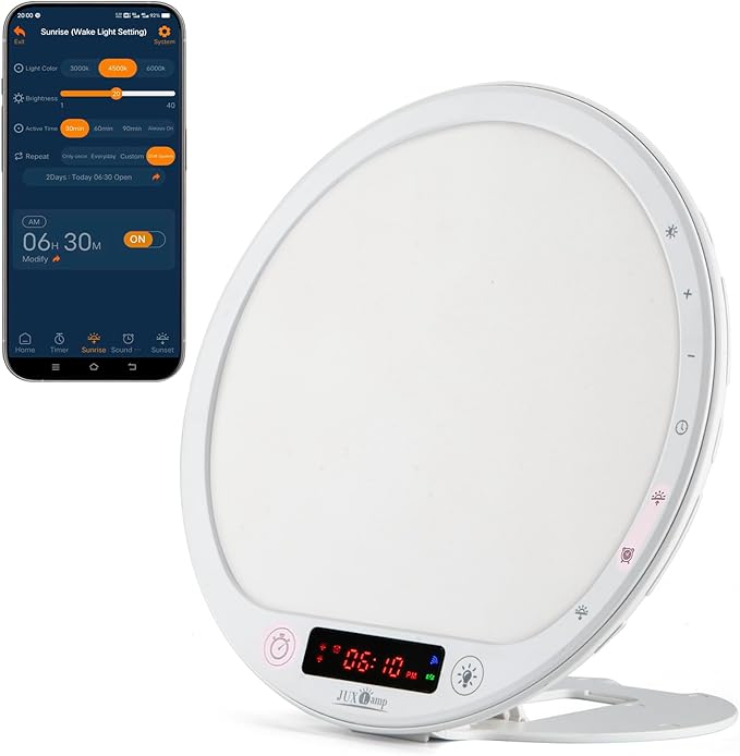 JUXLamp Light Therapy Alarm Clock Wake up Light 10000 lux Sunrise lamp Bright Light Alarm Clock APP Control Built in Lithium Battery Portable for Travel
