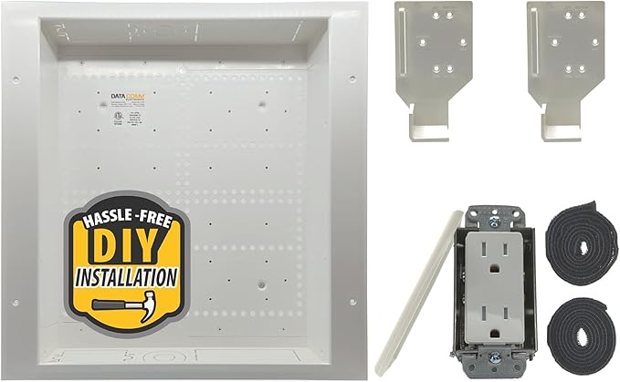 DataComm Electronics 45-8011-1P Multi-Functional Recessed Media Box with Integrated Duplex Power Receptacle For Seamless Home & Office Connectivity Solutions, In Wall Box, Hides TV Outlet & Cables