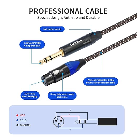 Smithok 1/4 to XLR Cable,Heavy Duty Nylon Braided,Gold Plated Plug,Balanced 1/4" TRS (Quarter Inch 6.35mm) to 3pin XLR Female Patch Cable, Microphone Cable, for Speaker,Mixer-10ft(3M)