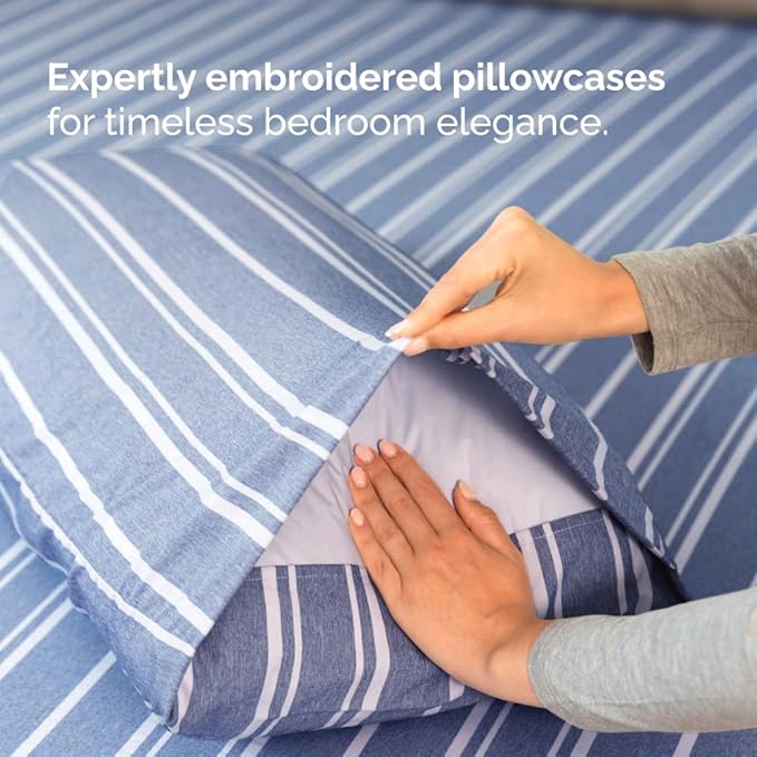 Full XL Bed Sheet Set - 4 Piece Extra Long Extended Full XL Sheets - Soft, Breathable & Cooling - Fits 8" to 16" Mattress with Deep Pockets - 54" x 80" - Wrinkle and Fade Resistant - Blue Stripes 3