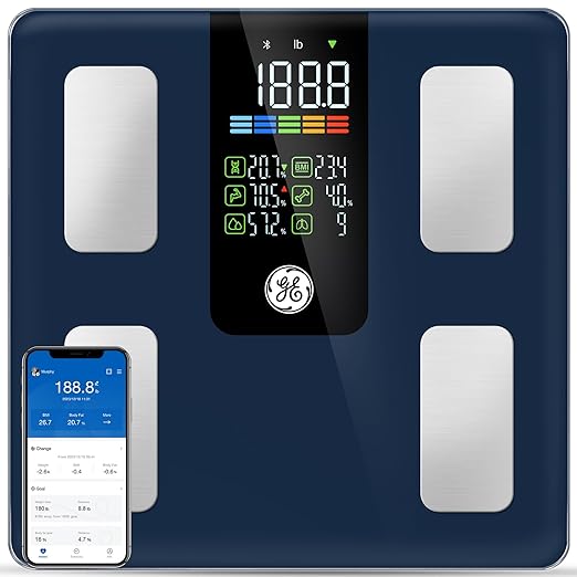 GE Smart Scale for Body Weight, BMI, Fat, Muscle Mass, Digital Bathroom Scales 500lbs Bluetooth 11.8" Large Platform Weighing Machine Health Monitor with App, Dark Blue
