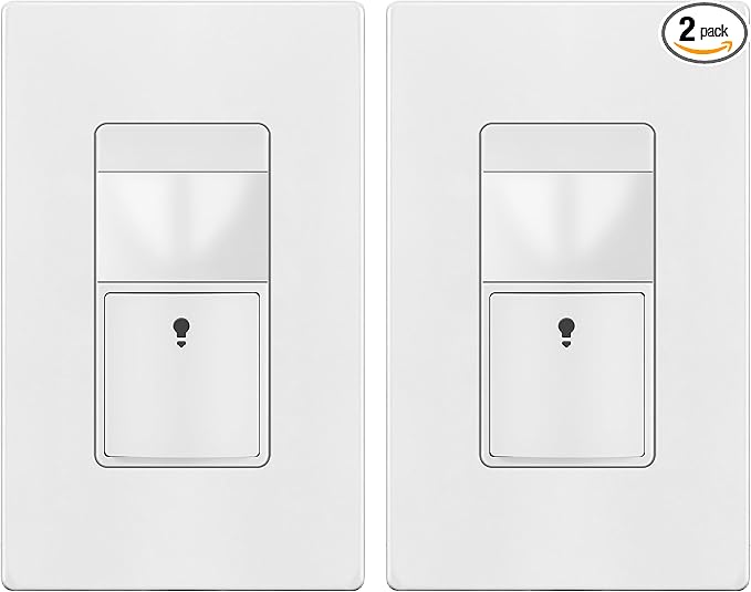 TOPGREENER Motion Sensor Switch, PIR Sensor with Ambient Light Level, 𝐍𝐨 𝐍𝐞𝐮𝐭𝐫𝐚𝐥 𝐑𝐞𝐪𝐮𝐢𝐫𝐞𝐝, Ground Wire Required, Occupancy & Vacancy Modes, Single Pole, TDOS5-JM-W-2PCS, White