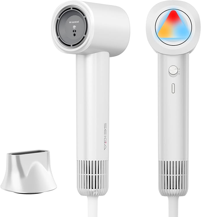Hair Dryer with Nozzle- Negative Ionic Blow Dryer, AI Smart Thermo-Control with 110000 RPM High Speed for Fast Drying, Low Noise, Anti Frizz, 5 Temps & 2 Speeds for Home Travel, No Heat Damage, White