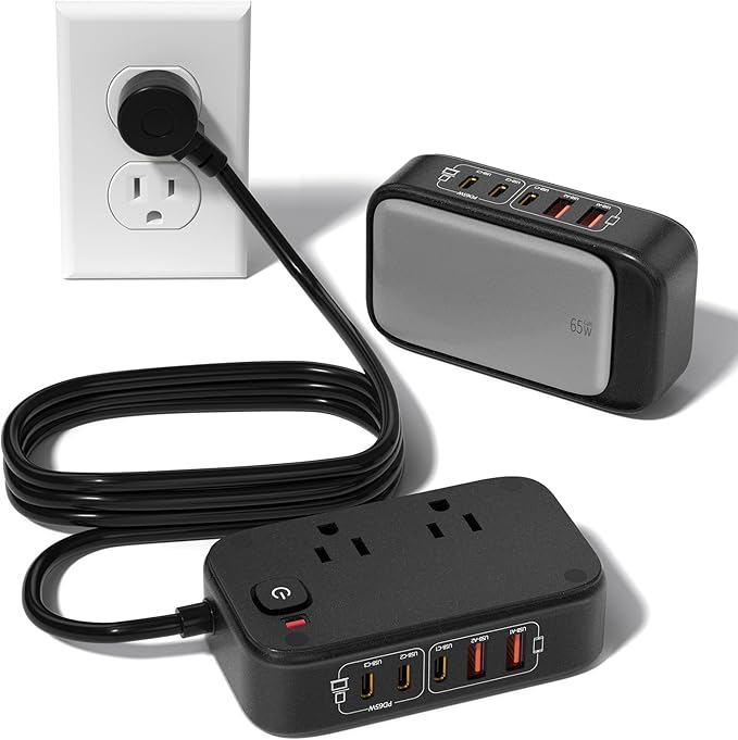 KWRNVO 7-in-1 Power Strip, PD GaN 65W USB C Power Strip with 3 USB-C, 2 USB-A Ports and 2500W AC Outlet, Flat Plug Essentials for Home/Office/College/Travel (Pearl Black, 65W)