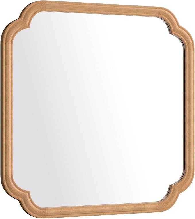 Ferytane Square Natural Wood Mirror 24X24 Inch,Wood Mirror for Bathroom Over Sink Rounded Corner Wooden Framed Mirror for Vanity, Entryway, Living Room Farmhouse, Tempered Glass (Natural Beech Wood)