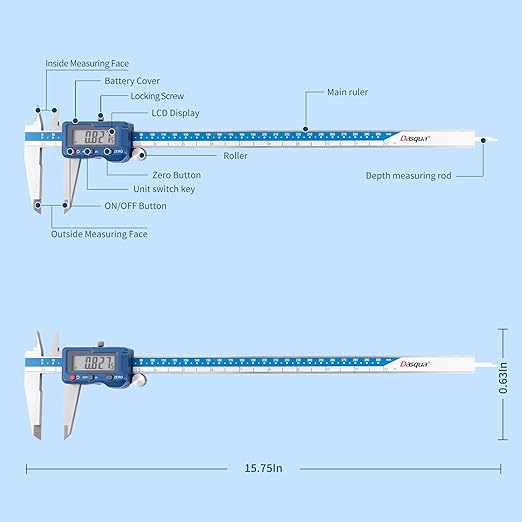 Dasqua 12”/300mm Digital Caliper, Stainless Steel Precision Measuring Tool with Advanced Dual Chip, Large LCD, Resolution 0.0005”/0.01mm, Accuracy ±0.0012”/0.03mm
