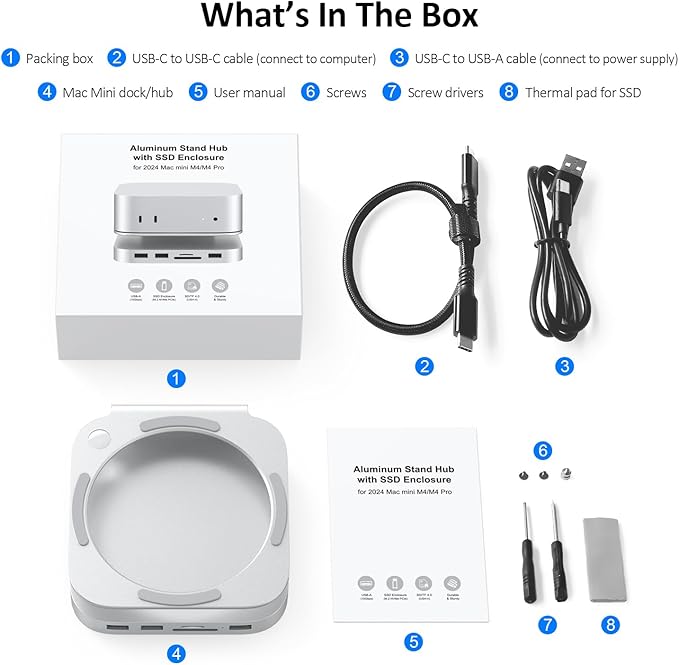 Akyyajaure Mac mini Hub: 10 in 1 Aluminum Stand & Dock for Mac mini M4 Pro with M.2 NVMe SSD Enclosure, 4K60hz HDMI, 10Gbps USB-A*2, SD/TF Card Readers, USB 2.0