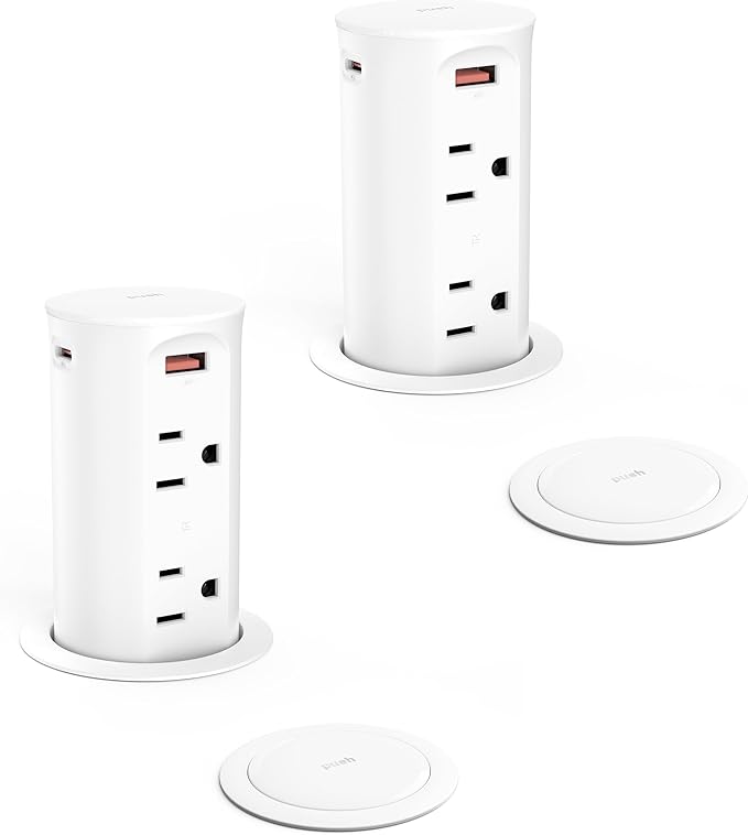 Jgstkcity 2.5 inch Hole Pop up Outlet for Countertop,20W USB C,4 USB Ports,4 Outlets 15Amp Receptacle Flush Mount,Space Saver Recessed Outlet,1875W,ETL Listed,2 PCS (White, 20W USB)