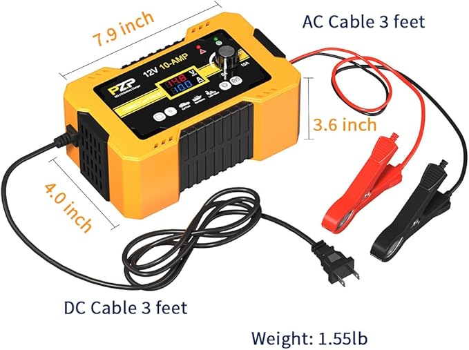 12V Automatic Car Battery Charger, 0-10A Arbitrarily Adjustable Smart Trickle Charger, Auto Desulfator with Battery Repair, Battery Maintainer with Winter Mode for AGM, Gel, Deep Cycle, Lead-Acid