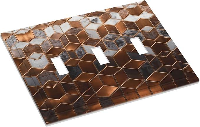 Bvtewkhz Brown Abstract Luxury Modern Geometric Cubic Marble 3 Gang Triple Toggle Decorative Light Switch Covers Electrical Faceplate Switch Plates for Bathroom Kitchen Home